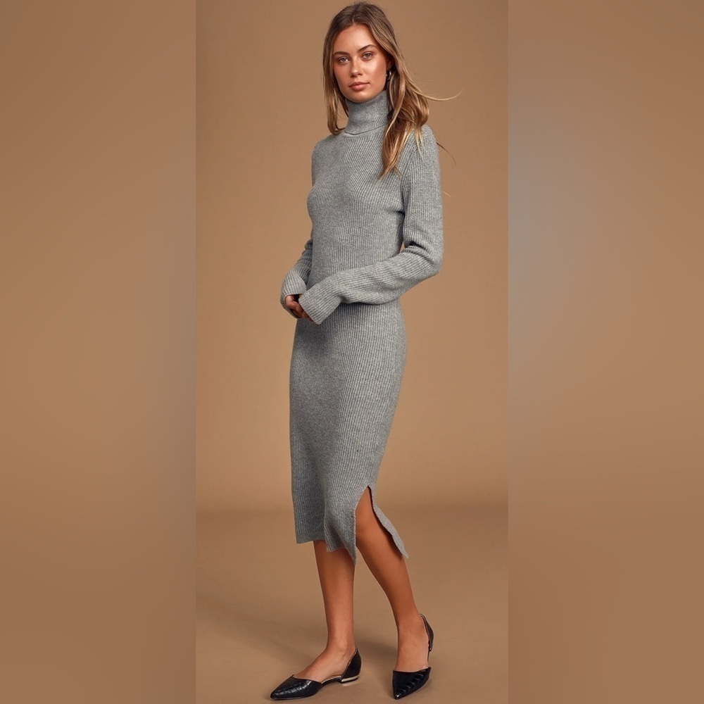 NWT Lulus Sheerah Heather Grey Turtleneck Knit Midi Sweater Dress Sz S